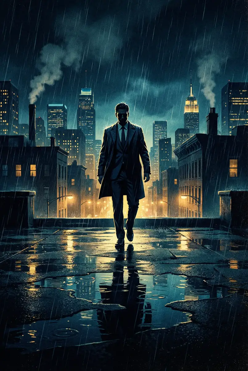 色老汉电影 出品影片《雨夜独行者》海报，雨中城市屋顶男性剪影